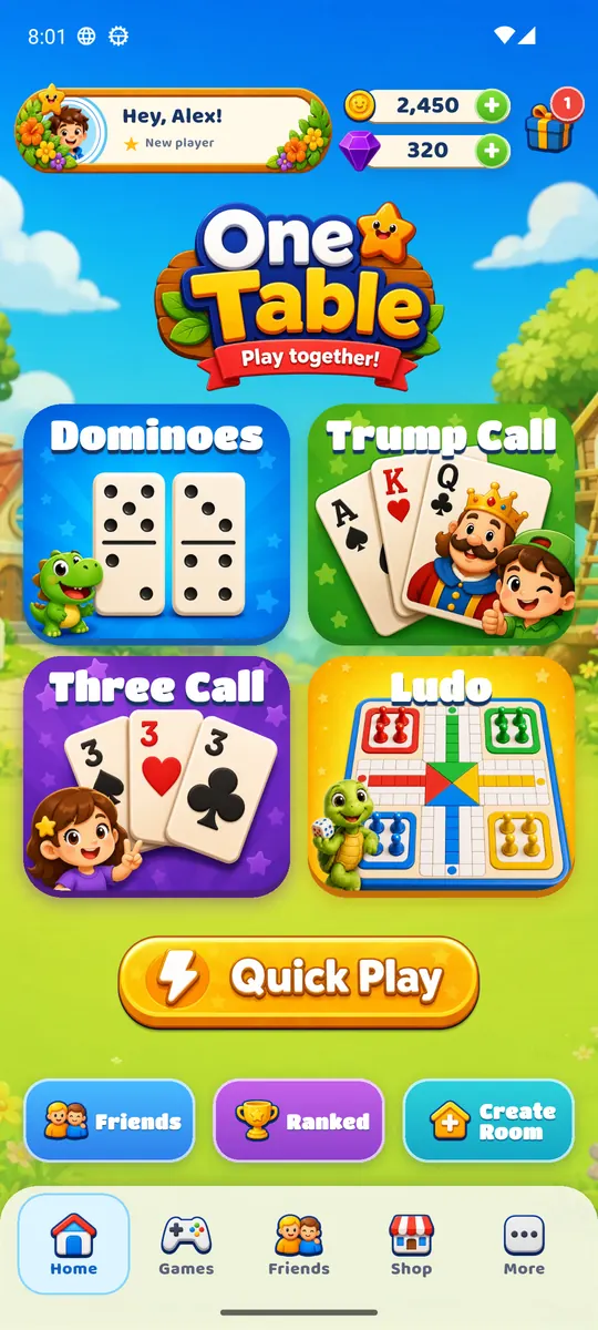 The hub, with all four games and the coin and gem counters.
