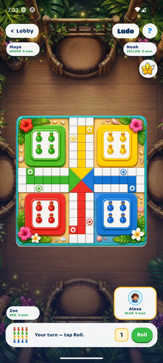 A Ludo match in progress, seen from above the board.