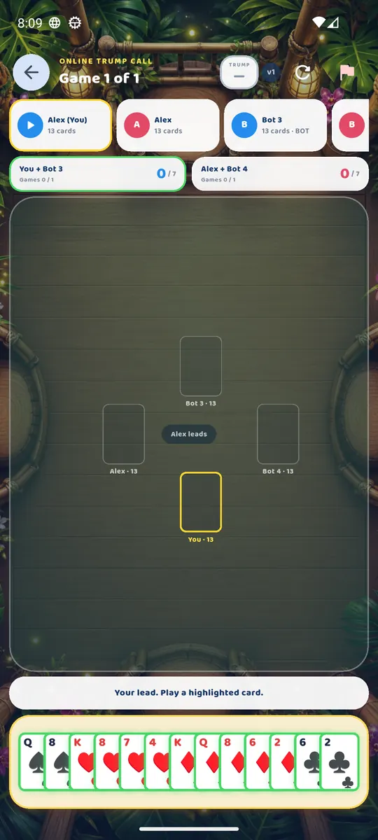 An online Trump Call table mid-trick.