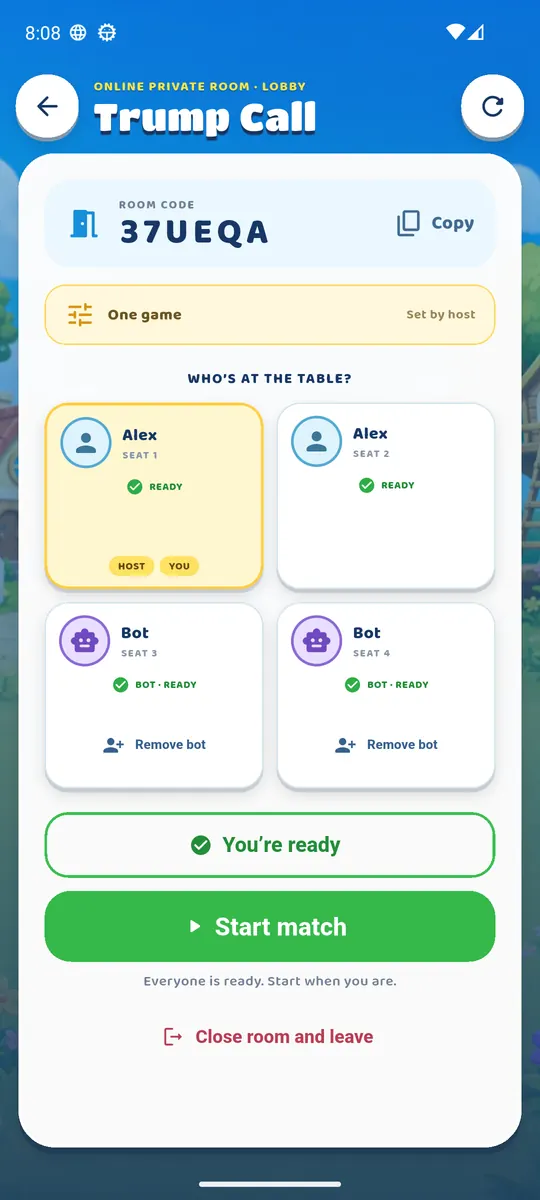 A private room showing its room code, one friend and two bots at the table.