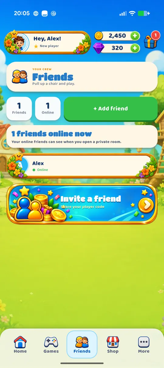 The friends list, showing a friend who is online.