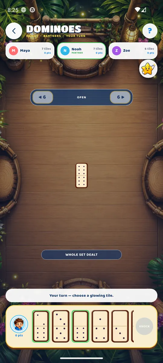 A Dominoes hand with the double six posed, played in partners.